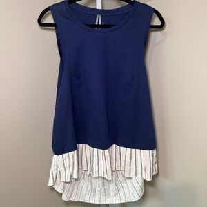 Anthropologie Navy Sleeveless Ruffle Hem Tank Top Open Back Women's Size L‎